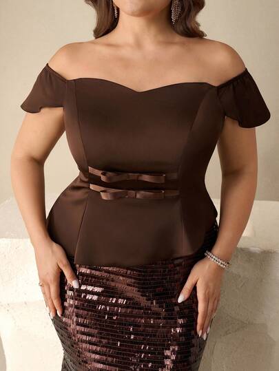 Coutiva Plus Size Solid Color High-End Evening Dress, Elegant Glittering Luxury Celebrity Style Off-Shoulder Dress