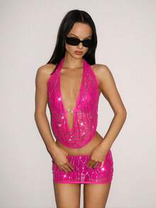 SHEIN ICON 2pcs/Set Fitted Sequin Fringe Draped Neck Crop Top And Bodycon Mini Skirt - Hot Pink - View 3