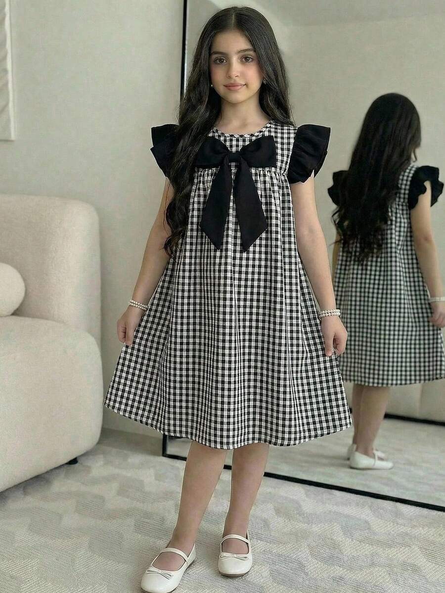 SHEIN Tween Girl Plaid Bow Accent Cap Sleeve A-Line Dress - Black and White - View 1