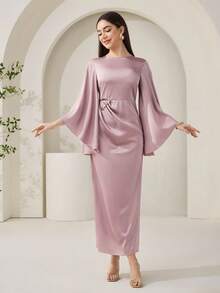 Veilorie Đầm dài ôm dáng, thanh lịch, tối giản, sang trọng dành cho nữ, thích hợp dự tiệc, dạ hội, với tay áo loe và điểm nhấn kim loại. - Hồng - Xem 2