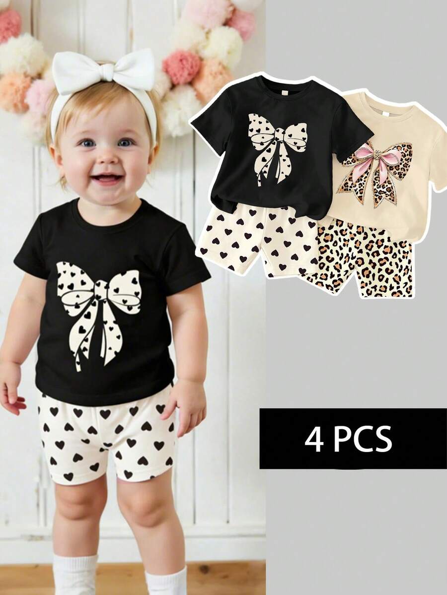 4pcs/Set Infant Toddler Unisex Cute Bow & Heart Print Round Neck T-Shirt Set, Baby Girls Daily Basic Outfit, Summer - Multicolor - View 1