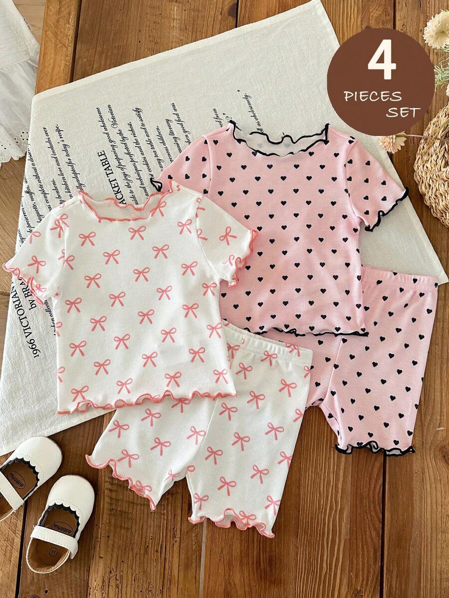 LMoss Kids 4件套女宝宝夏季可爱爱心蝴蝶结荷叶边圆领短袖短裤休闲舒适修身睡衣套装 - 彩色 - 查看 1