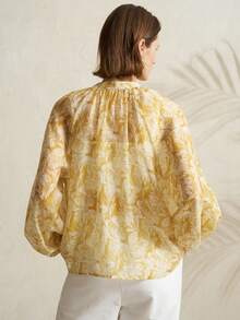 Airaco Women's New Loose Fit Elegant Yellow Floral Print Linen Long Sleeve Shirt - Yellow - View 2