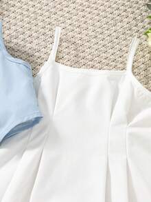 SHEIN Genkimix Kids 少女纯色翻领开衫和吊带连衣裙套装，适合日常穿着和略微正式的场合，非常适合晚春、夏季和初秋。 - 淺藍色 - 查看 5