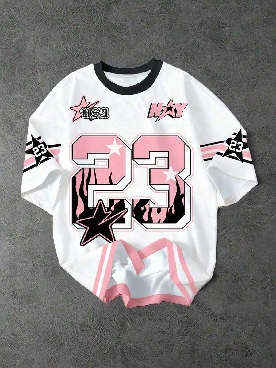 SHEIN EZwear 大码休闲简约圆领T恤，印有数字23和英文字母赛车图案，宽松版型，适合外出、街头风格、时尚穿搭。 - 彩色 - 查看 1