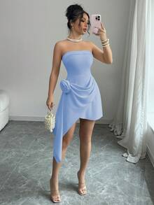 Elenzga Đầm hoa thanh lịch, lãng mạn, không dây vai, eo xếp ly, dáng chữ A màu mơ dành cho nữ, thích hợp cho ngày Valentine. - Màu xanh bụi bặm - Xem 5