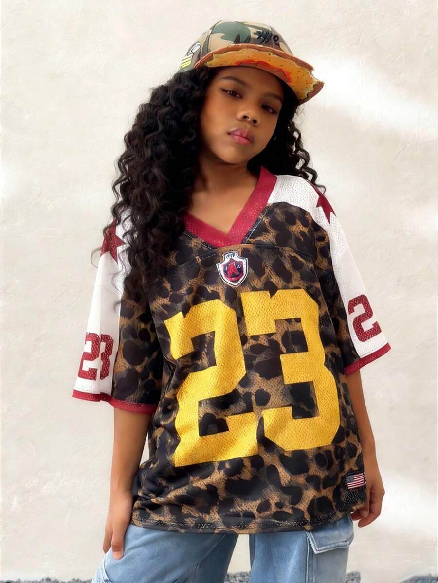 Coolane Kids 少女夏季节日复古街头运动风印花超大棒球衫T恤,豹纹上衣,秋季服装,猎豹纹上衣,豹纹上衣 - 棕色 - 查看 1