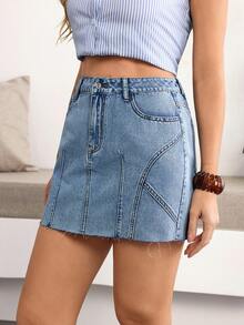 Breezaya 女士纯色毛边牛仔迷你裙，时尚百搭，夏季必备 - 藍色 - 查看 3