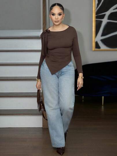 Melissa Matos 女士新款休闲圆领纯色咖啡棕色肩带蝴蝶结装饰不对称下摆腰部褶皱长袖T恤，适合春夏秋季通勤外出