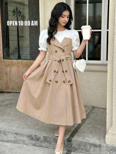 SHEIN Teen Girls' Khaki Patchwork White Woven Contrast Button Front Short Sleeve Casual Commuter Dress