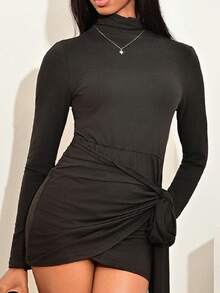 Mima John Turtleneck Bodycon Mini Dress With Side Tie Detail Long Sleeve Party Cocktail Dress - Black - View 4