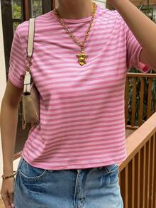 Livesso Pink Round Neck Striped Loose Fit Women's Short Sleeve T-Shirt, Summer - Pink - View 7