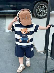 Set de 2 piezas de camiseta a rayas y pantalones cortos con estampado de oso para bebé niño - Multicolor - Ver 6