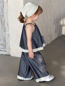DAZY 2pcs/Set Toddler Girls' Washed Korean Style Lace Camisole & Loose Casual Jeans Pants - Blue - View 5