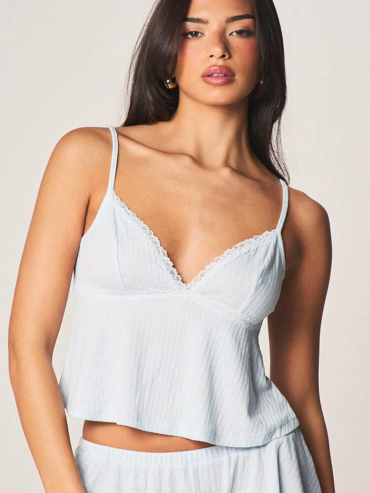 MISSGUIDED Ribbed Knit Cami Top And Shorts Pajama Set With Lace Trim V Neck Sleepwear Lounge Set Summer Nightwear