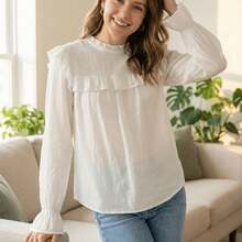 Ticali Top Elegante De Manga Farol Con Acabado De Ribete Fruncido Y Cuello Victoriano C8072 - Blanco - Ver 12