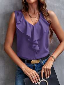 SHEIN Clasi Women's Casual Sleeveless Solid Color Ruffle Hem Blouse, Summer,Summer Top - Purple - View 4