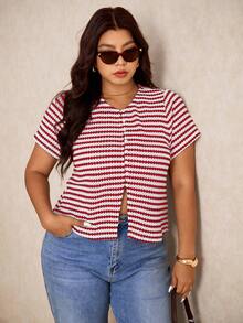 Elaquor Plus Size Summer Casual Striped Button Front Short Sleeve T-Shirt, Going Out Tops - Red and White - View 6
