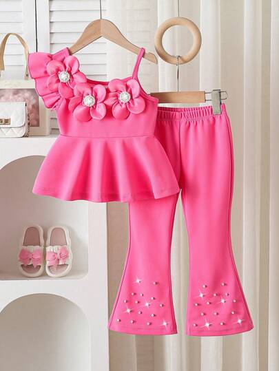 Elladie kids Young Girls 2pcs Set: Sleeveless Top With 3D Floral & Pearl Decor + Flare Pants, Festive Red, Suitable For Birthday, Vacation, Party, Spring/Summer Pink Kids Outfit Girls Pant Sets Two Piece Set Sumwon Young Girl Pants Set Flare Pants Set Kids St Patrick's Day