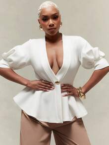 Vixey Women's Solid Puff Sleeve Peplum Hem Gold Button Accent Top - White - View 1