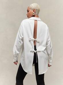Vixey Self Tie Open Back Pointed Collar Long Sleeve Oversized Shirt - Beige - View 5