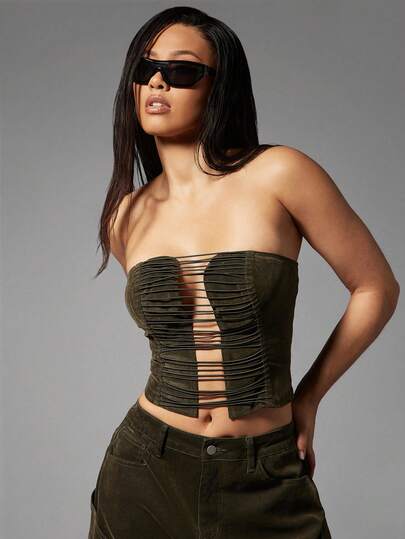 Denimoi Velvet Denim Strappy Cut Out Strapless Corset Top Sexy Tops Clubwear GNO Concert Outfits