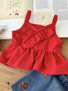 SHEIN 2pcs/Baby Girls, A Sweet Spring/Summer Outing Outfit: A Red Halter Top With Ruffled Details And Faux Cherry Embroidery, Paired With Denim Culottes And A Two Pieces Skirt - Red - View 4