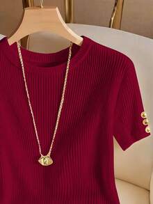 Franclia 优雅圆领针织T恤，简约时尚针织上衣，春夏款 - 紅色 - 查看 4