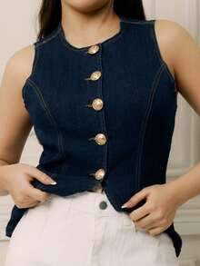 Criza Taa Women's Round Neck Single-Breasted Casual Sleeveless Denim Top - Dark Wash - View 6