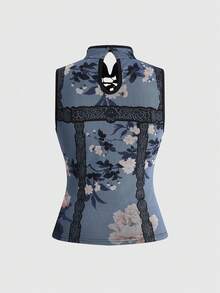 ROMWE Avant Retro New Chinese Style Garden Window Flower Design Floral Print Mandarin Collar Women Tank Top - Blue - View 8