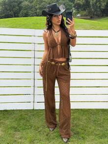 SHEIN EZwear New Summer Music Festival Brown Mesh Halter Top & Pants Set For Women - Coffee Brown - View 5