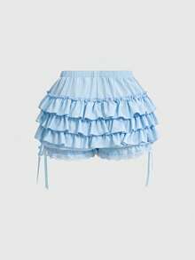 ROMWE Kawaii Women's Casual Solid Color Elastic Waist Bow Tie Ruffle Hem Shorts, Summer - Baby Blue - View 2
