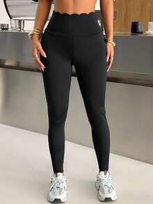 SHEIN EZwear 女士黑色针织高腰紧身贝壳边打底裤 - 摩卡棕 - 查看 1