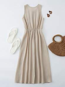 Lyxana Vestido elegante de mujer con diseño de botones de perla, cuello redondo y sin mangas, nuevo y casual para el verano - Albaricoque - Ver 2
