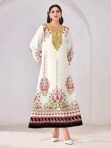 Yasmyna Casual Floral Print Contrast Lace Flare Sleeve Loose Arabic Dress - Multicolor - View 4