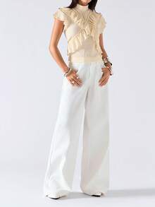 LYSMO 2026 New Arrive Minimalism Spring/Summer Women's Solid Color Stand Collar Short Sleeve Ruffle Hem Fashion T-Shirt,Going Out Top,Vacation/Boho - Coffee Brown - View 5