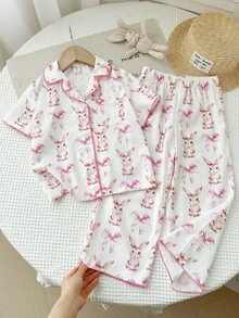 LMoss Kids 2件套 女童可爱蝴蝶结兔子图案翻领纽扣短袖宽松舒适梭织睡衣套装 - 彩色 - 查看 3
