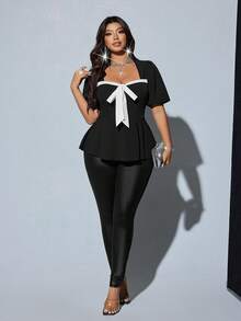 Viva Relle Áo sơ mi ngắn tay thanh lịch dành cho nữ cỡ lớn với nơ - Đen và trắng - Xem 3