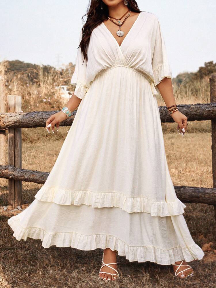 boho long sleeve white maxi dress Zapaka Women White Boho Long Sleeves Engagement Party Dress with Lace V-Neck Maxi Dress, White / M