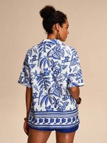 Eryvara Camisa suelta estampada y pantalones cortos elásticos con cordón de unicolor para mujer - Azul - Ver 2