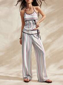 Easelle 两件套条纹印花露背吊带背心和系带阔腿裤梭织女装 - 彩色 - 查看 6