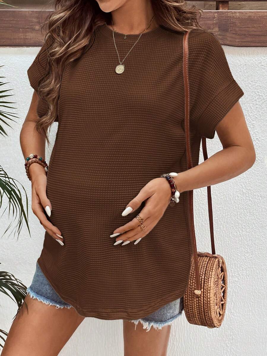 SHEIN Maternity Solid Color Round Neck Casual Versatile Short Sleeve T-Shirt, Summer - Coffee Brown - View 1