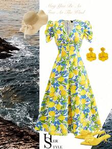 Ellevyn 女士新款优雅修身长裙，交叉领口，珍珠纽扣，泡泡袖，度假连衣裙，夏季新款连衣裙，女士连衣裙，度假夏季连衣裙，柠檬印花中长连衣裙，夏威夷风情连衣裙，泡泡袖连衣裙，送给妈妈的礼物，A字型女士度假连衣裙，女士夏季连衣裙，夏威夷连衣裙，女士短袖连衣裙 - 彩色 - 查看 2