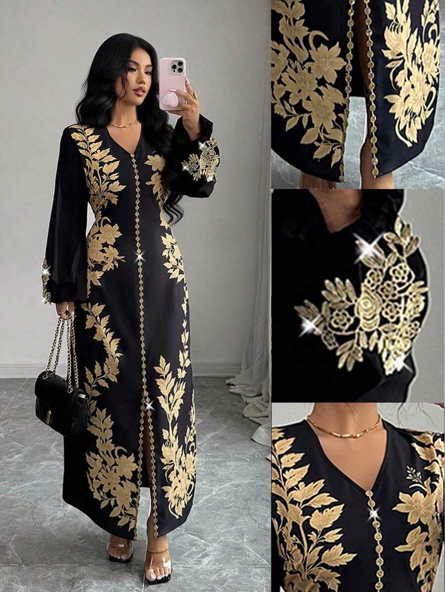 SHEIN Raffinéa 女士V领印花雪纺长袖贴花蕾丝边修身连衣裙，适合日常穿着，中东风格，春夏秋季皆宜。 - 黑色 - 查看 1