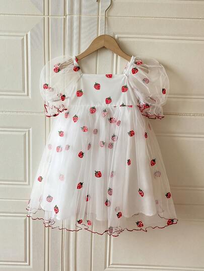 SHEIN 女童纯色拼接草莓印花网纱泡泡袖休闲连衣裙