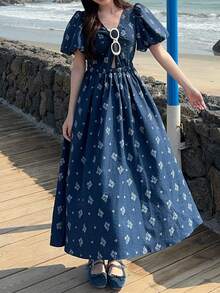 DAZY 女士V领短袖印花收腰优雅泡泡袖休闲连衣裙波西米亚风 - 藍色 - 查看 2