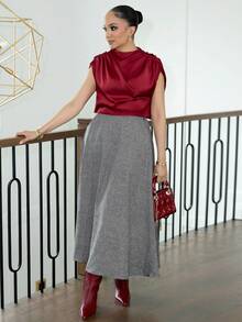 Melissa Matos 女士优雅通勤纯色领子褶皱下摆衬衫 - 酒紅色 - 查看 1