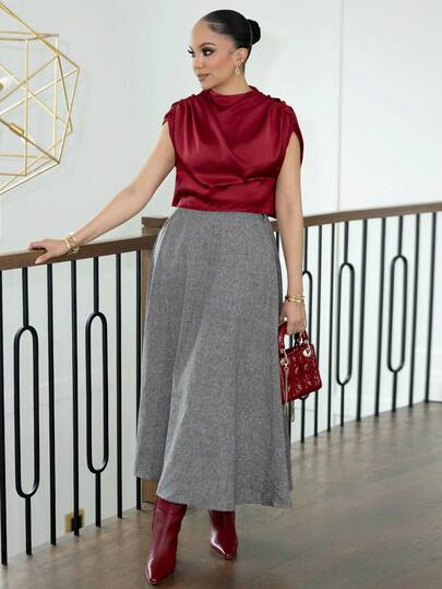 Melissa Matos 女士优雅通勤纯色领子褶皱下摆衬衫