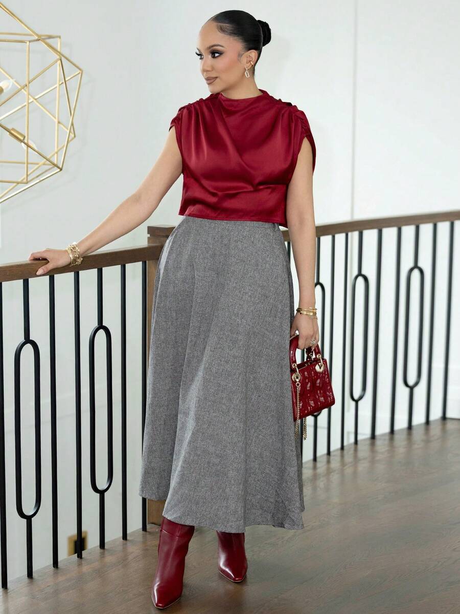 Melissa Matos 女士优雅通勤纯色领子褶皱下摆衬衫 - 酒紅色 - 查看 1