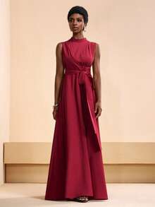 Zivah 2026 Spring & Summer New Arrival, Suitable For Valentine's Day, Wedding Season, Music Festival, Easter, Western Style, Nomadic Style, Bohemian, Nashville, Party, Wedding, Gala, Date, Gathering, Birthday, College Style, Student Wear, Daily Casual, Basic Versatile, Casual, Vacation, Cruise Travel, Beach, Sunbathing, Trending, Elegant, Commute, Business Casual, Small Stand Collar, Front Pleated, Waist Tie, Flowy, Fitted Long Dress, Wine Red Dress, Spring & Summer Dress, Party Dress, Elegant Dress, Women Dress - Burgundy - View 4